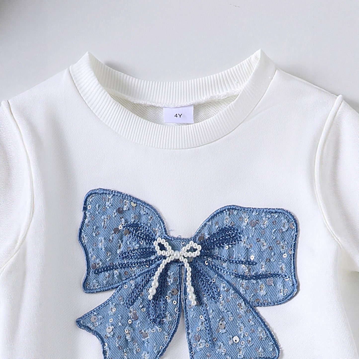 Girls 2-Piece Cotton Bow Sleeve Outfit | Denim Pants Set - gallify.store