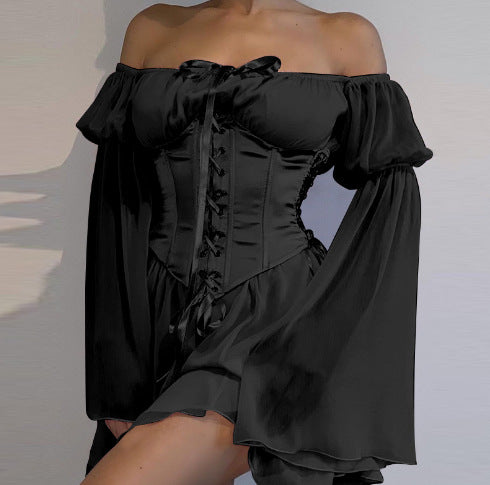 Women's Trumpet Sleeve Lace-Up Waist Dress – Sweet Flared Sleeve Style