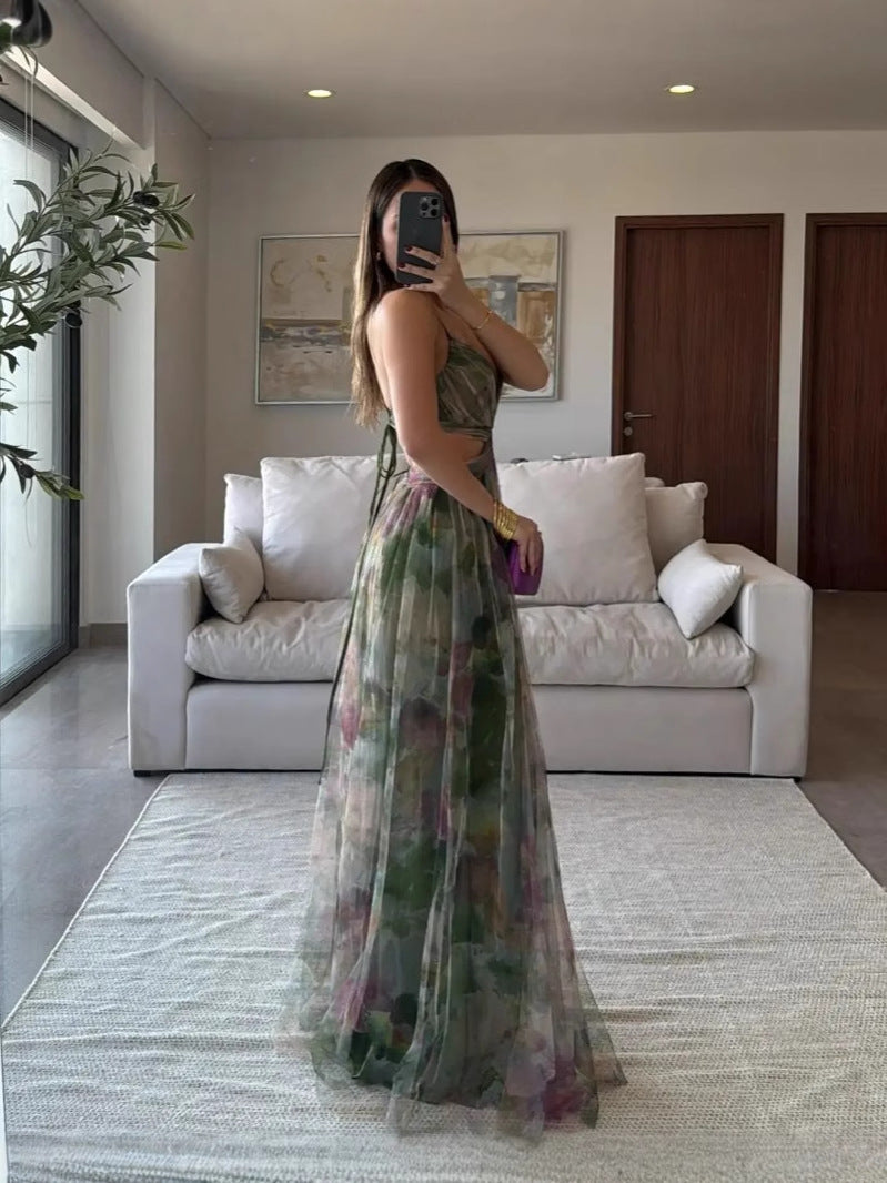 Women's Printed Mesh Dress | Elegant V-Neck Long Dress for Vacation - gallify.store