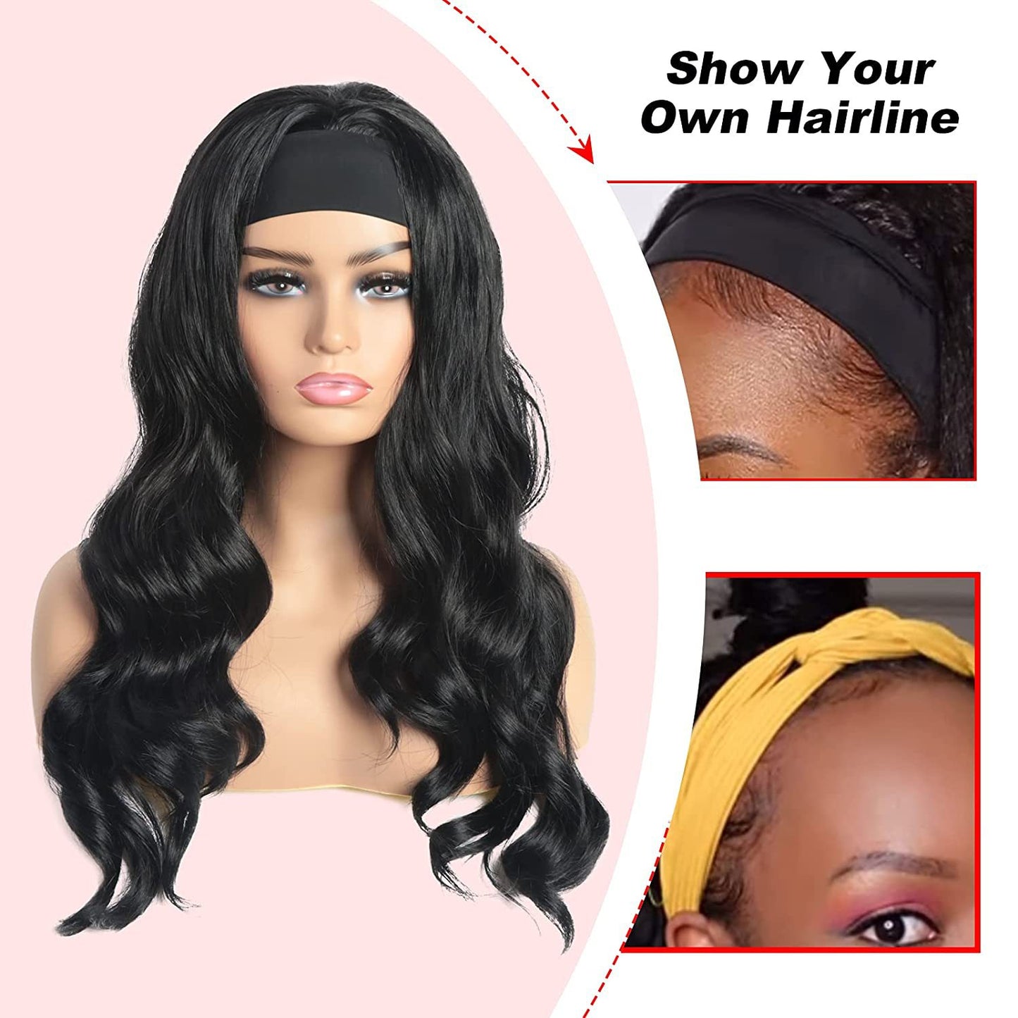 Scarf Headband Wig | Long Curly Waves, 26 Inch Synthetic Hair