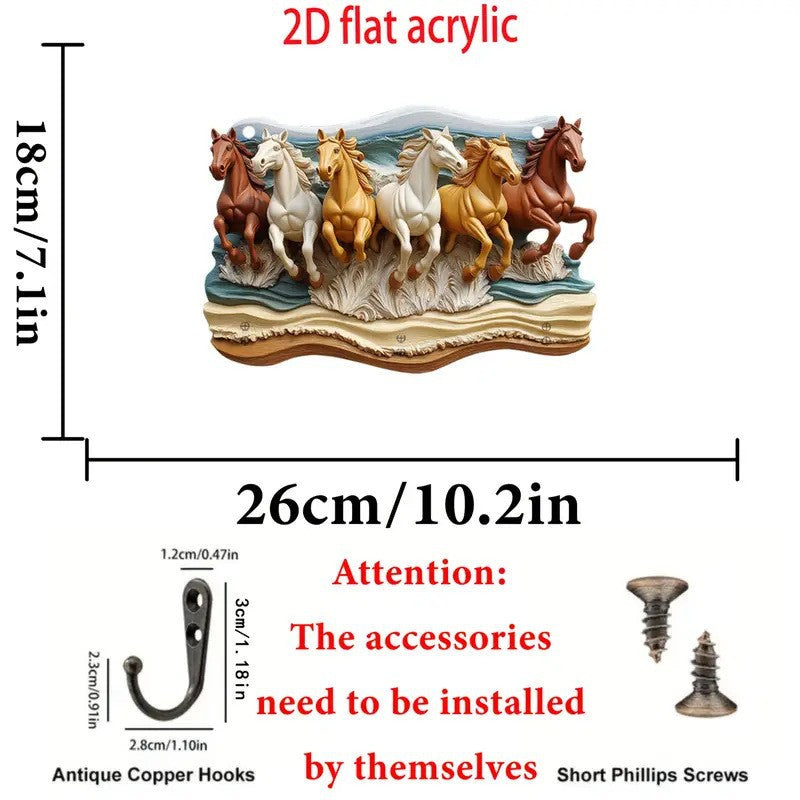Decorative wall art with horses on a white background, showing dimensions and required accessories.