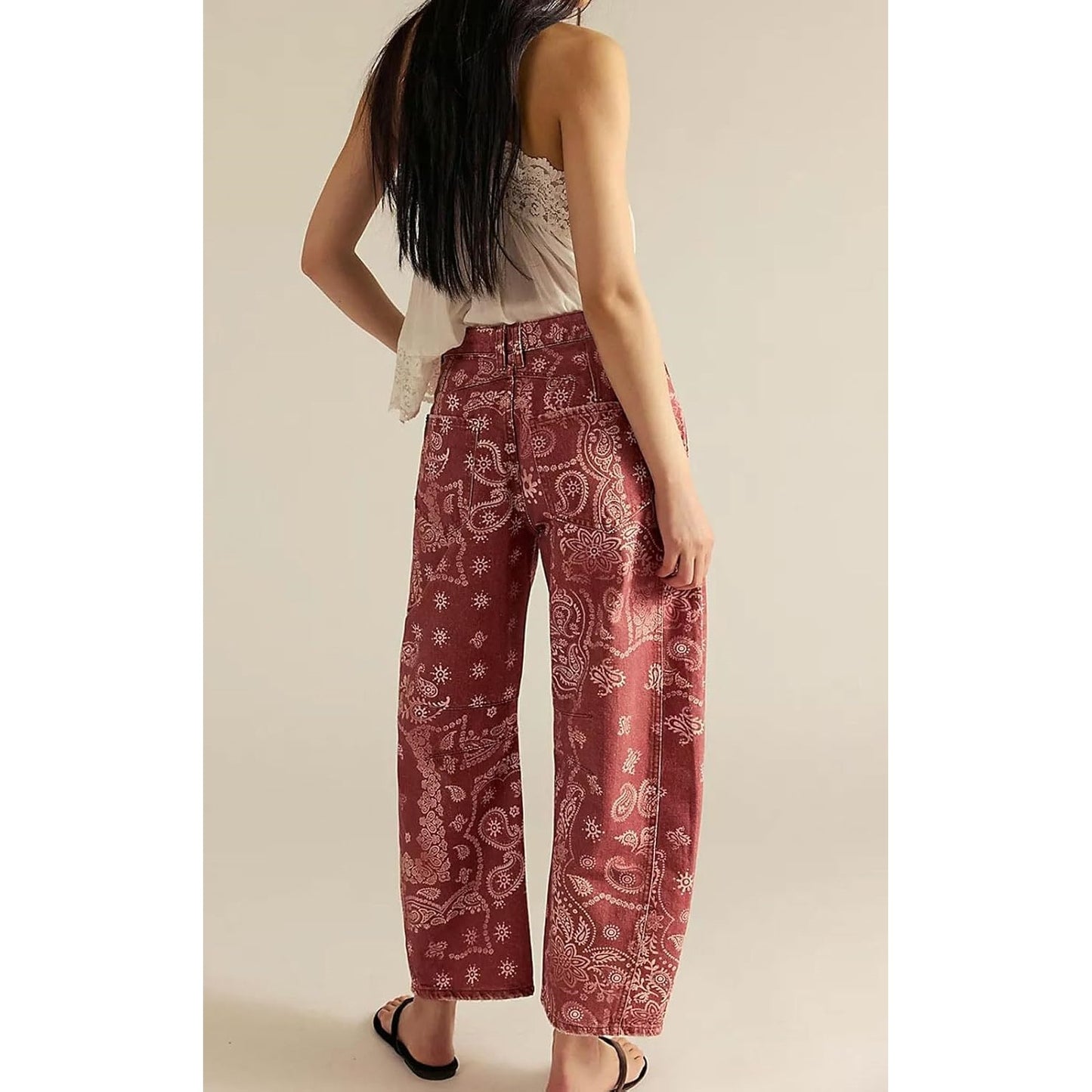 Floral Print Denim Wide Leg Trousers | High Waist