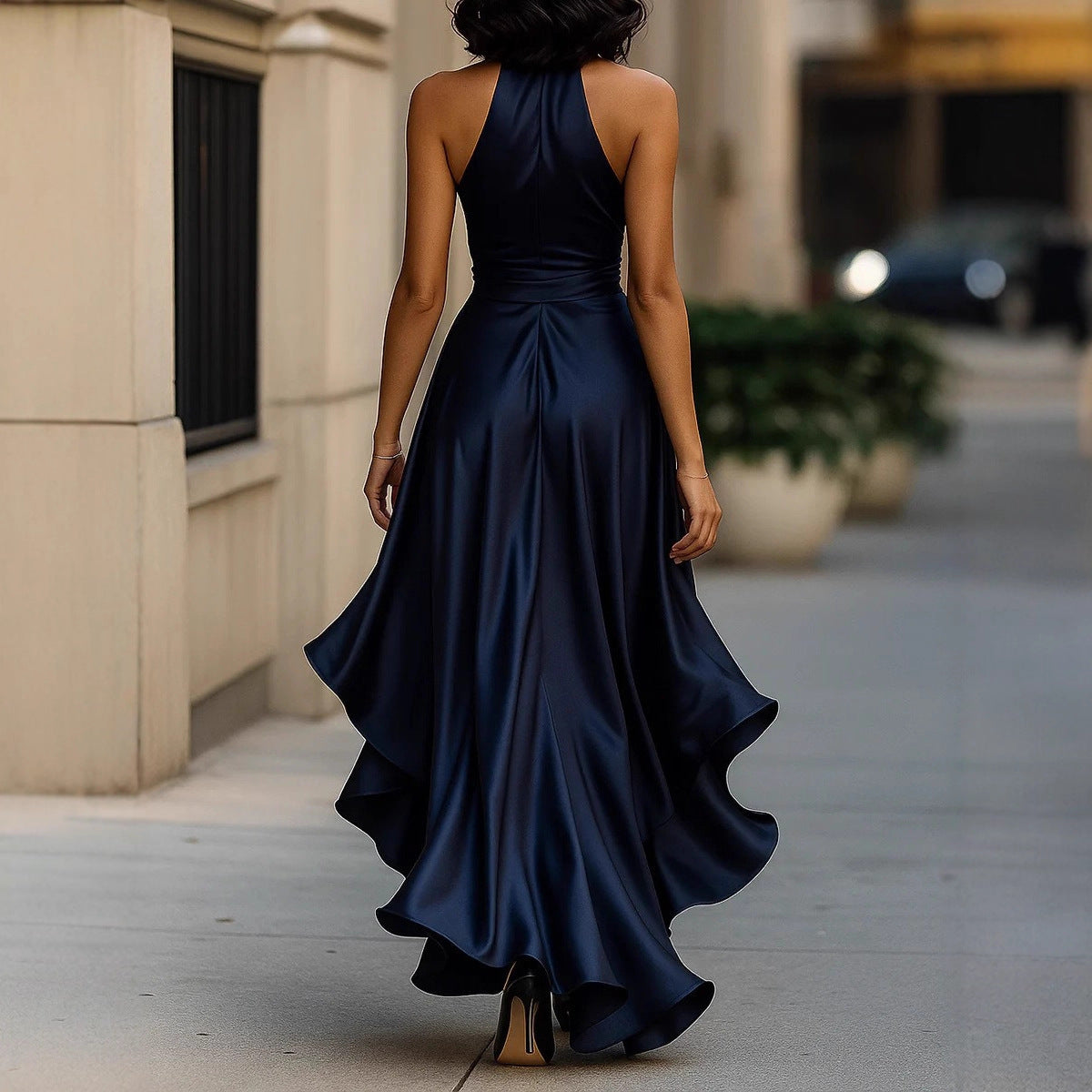 Women's Ruffled Satin Halter Dress – V-Neck Lace-Up Long Gown