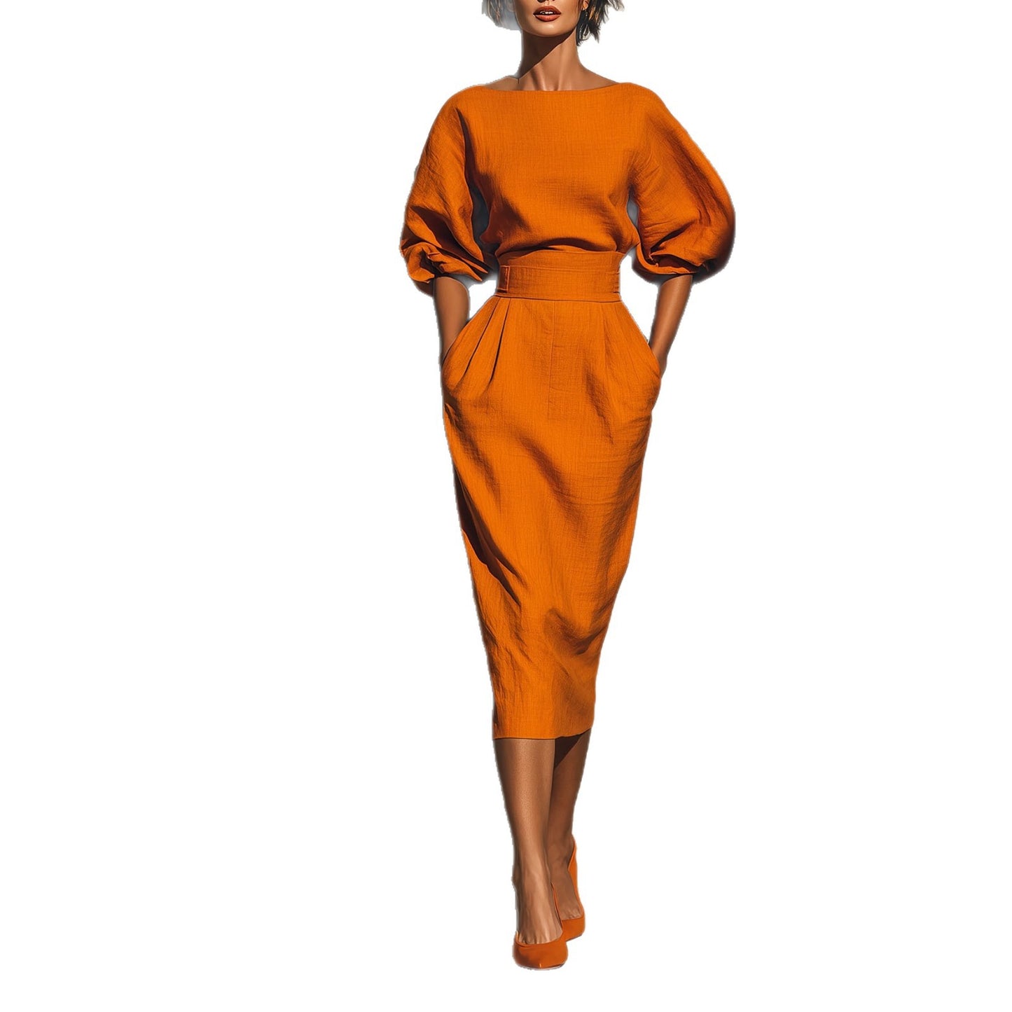 Women's Boat Neck Puff Sleeve Dress | High Waist A-Line