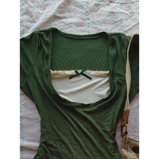 Women's Vintage Green Lace Bow Short Sleeve Top