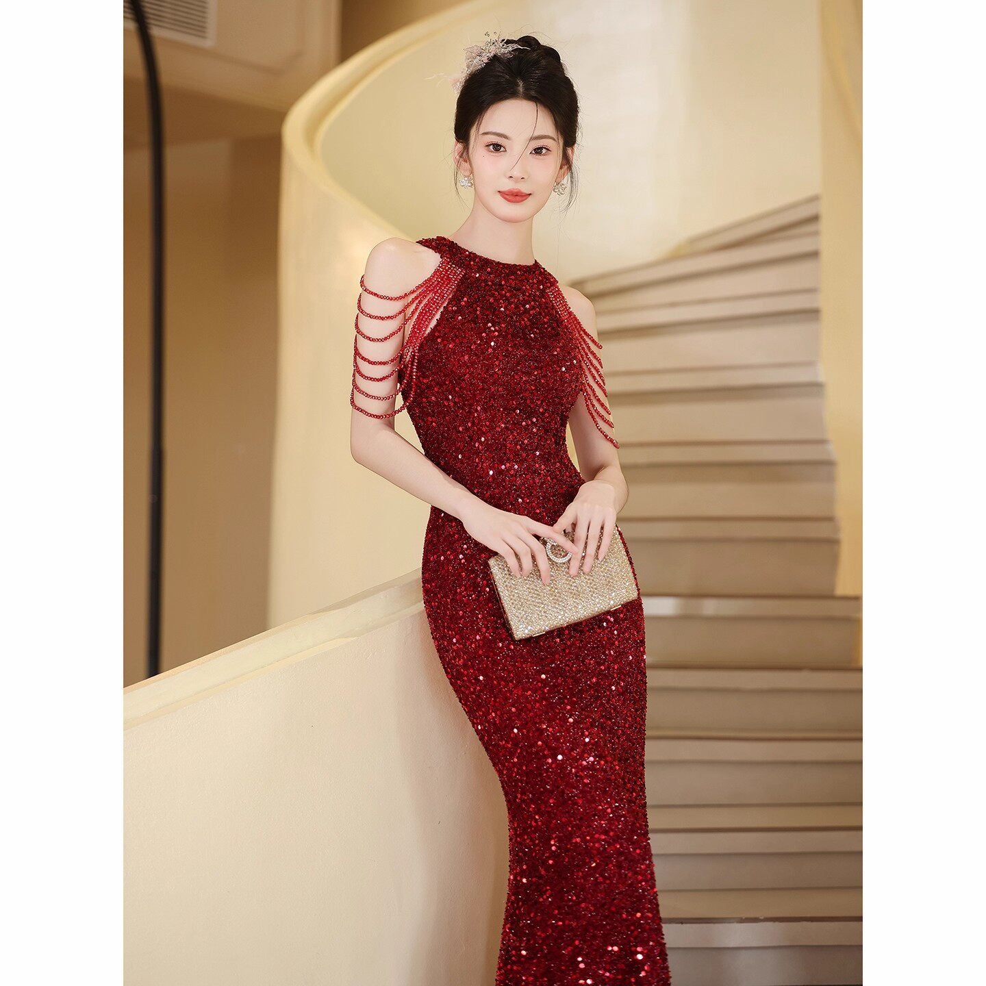 Women's Fishtail Sequin Evening Dress – Formal Maxi Gown