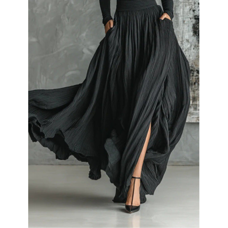 Women's French Retro Slim Midi Dress – Pleated Long Sleeve Elegant Style