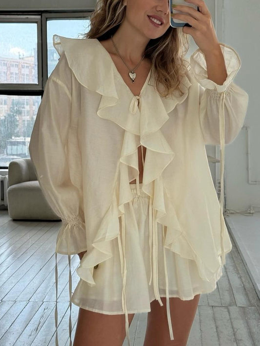 Ruffle Tie Shorts Set with Pockets