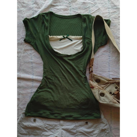 Women's Vintage Green Lace Bow Short Sleeve Top