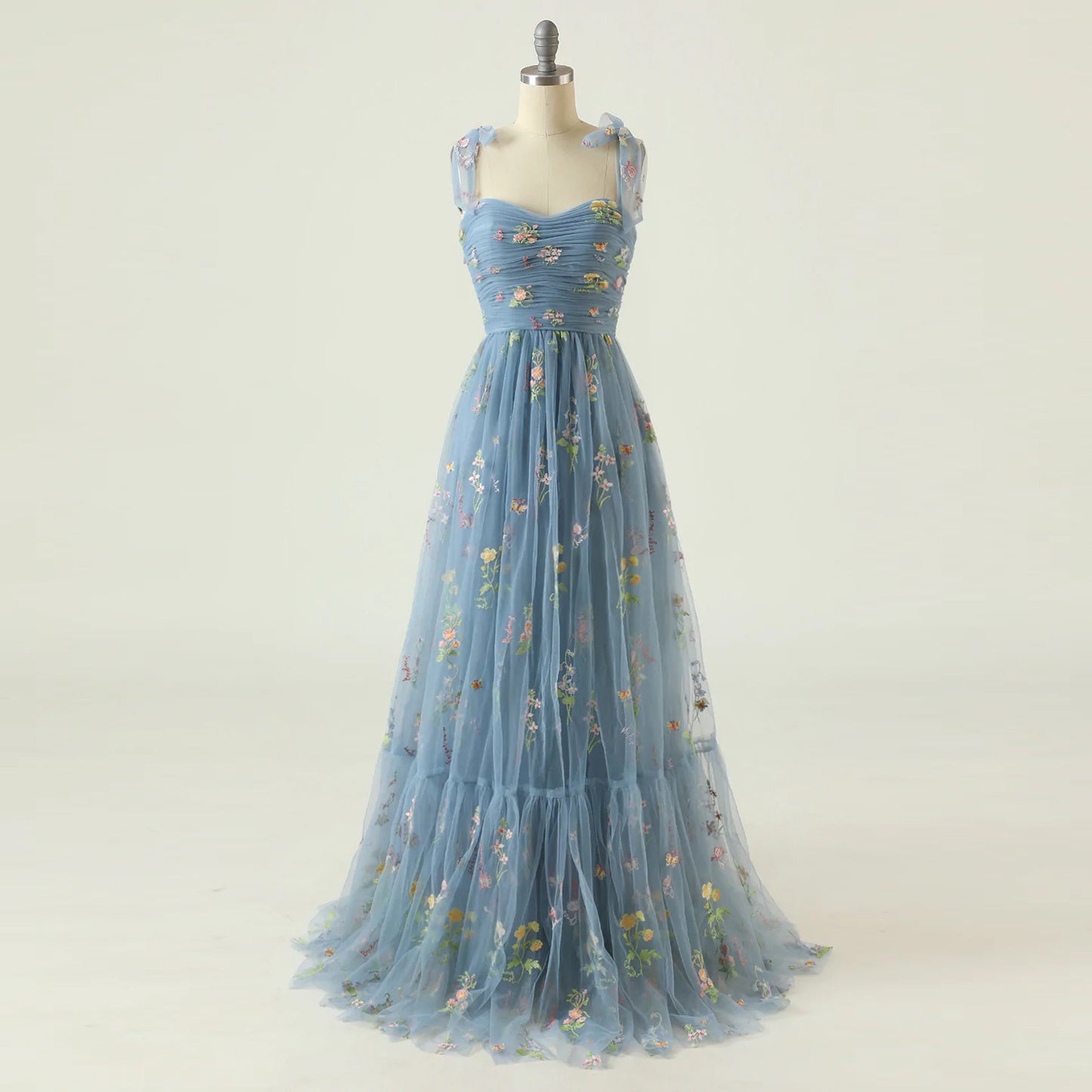 Floral Strappy Evening Dress with Small Tail