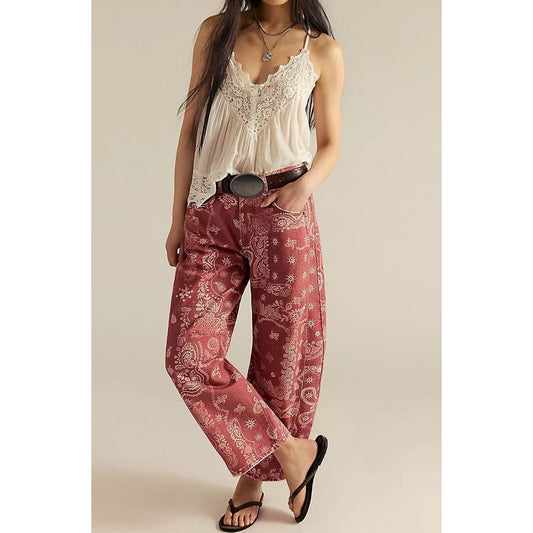 Floral Print Denim Wide Leg Trousers | High Waist