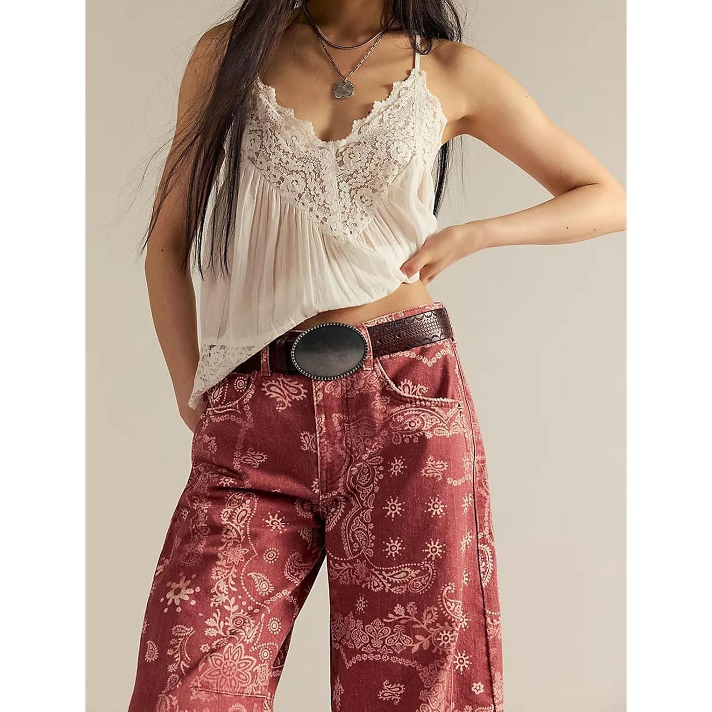 Floral Print Denim Wide Leg Trousers | High Waist