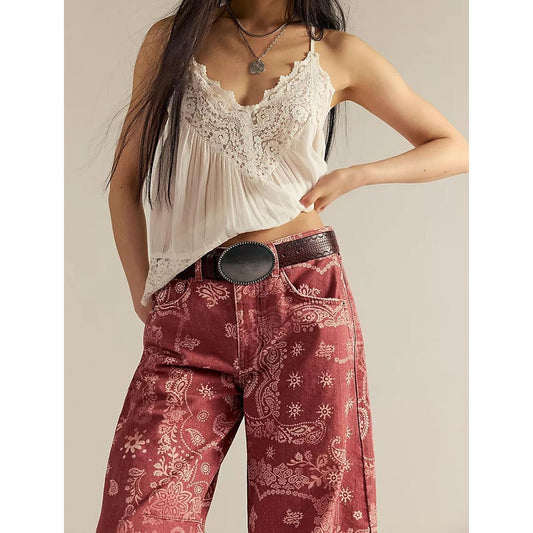 Floral Print Denim Wide Leg Trousers | High Waist