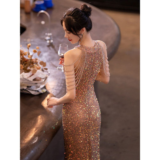 Women's Fishtail Sequin Evening Dress – Formal Maxi Gown