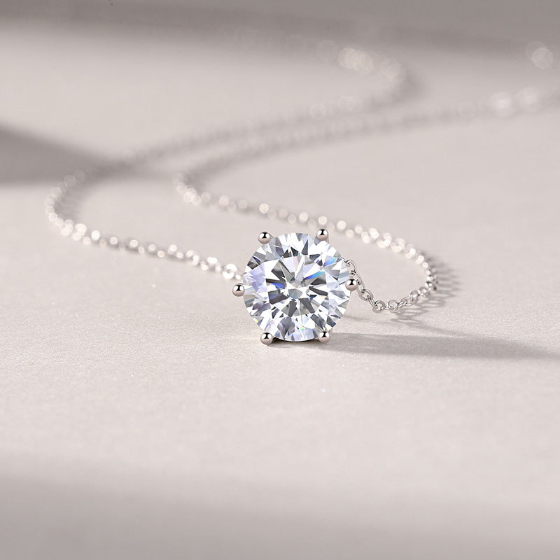 925 Sterling Silver Moissanite Necklace - Six Prong Pendant