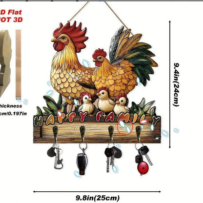 Decorative wall hook with rooster and chicken design and key hooks, showing dimensions.
