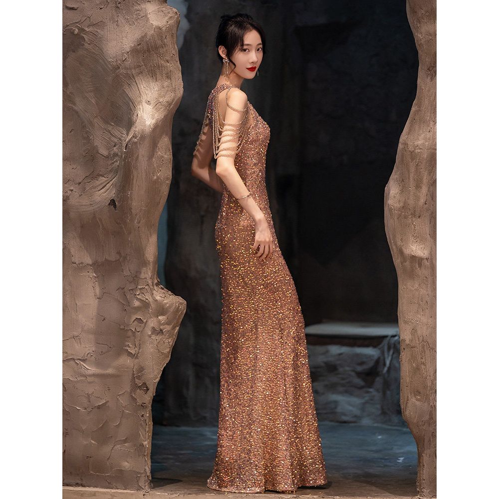 Women's Fishtail Sequin Evening Dress – Formal Maxi Gown