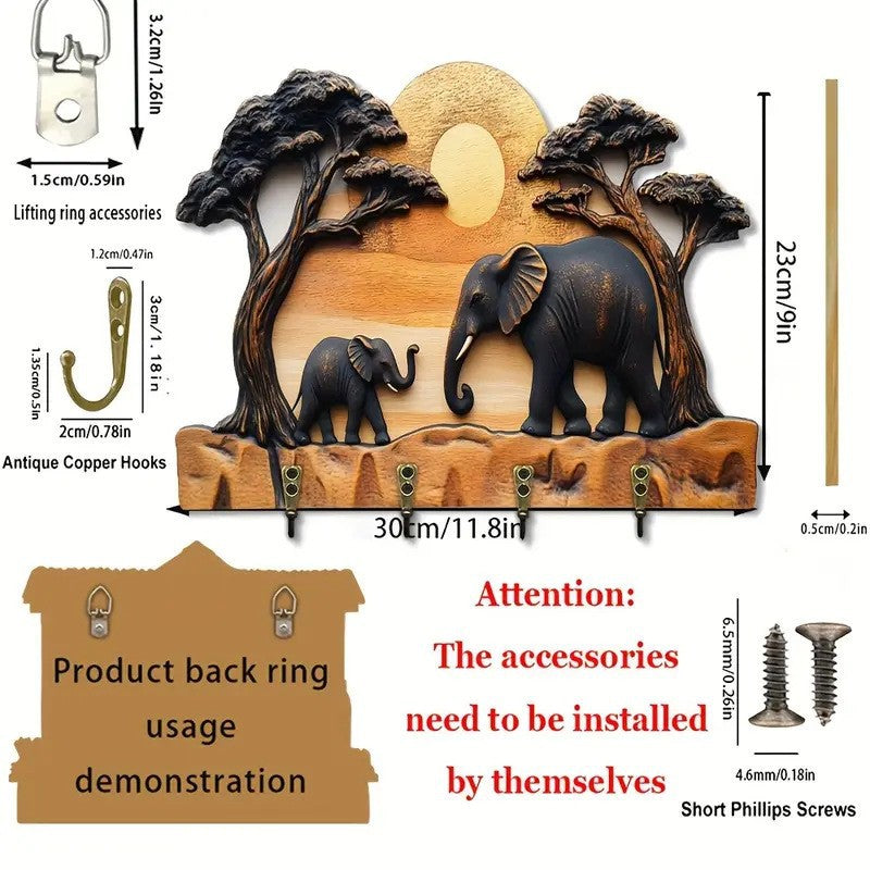 Decorative wall hook with elephants and trees, including measurements and installation instructions.