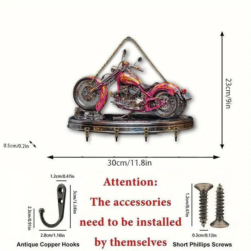 Motorcycle-themed wall hook set with measurements and installation instructions on a white background