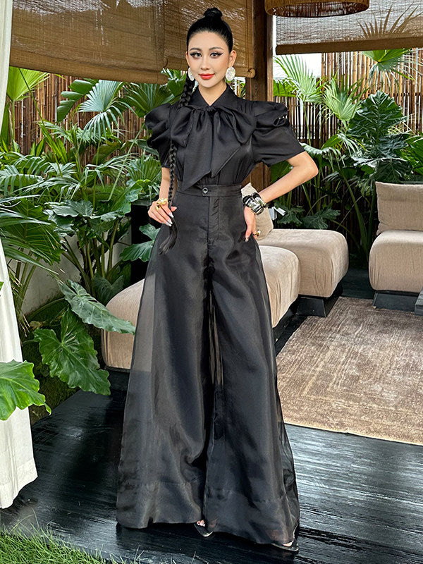 Women's Two-Piece Set - High-Waisted Wide Leg Pants & Button Top - gallify.store