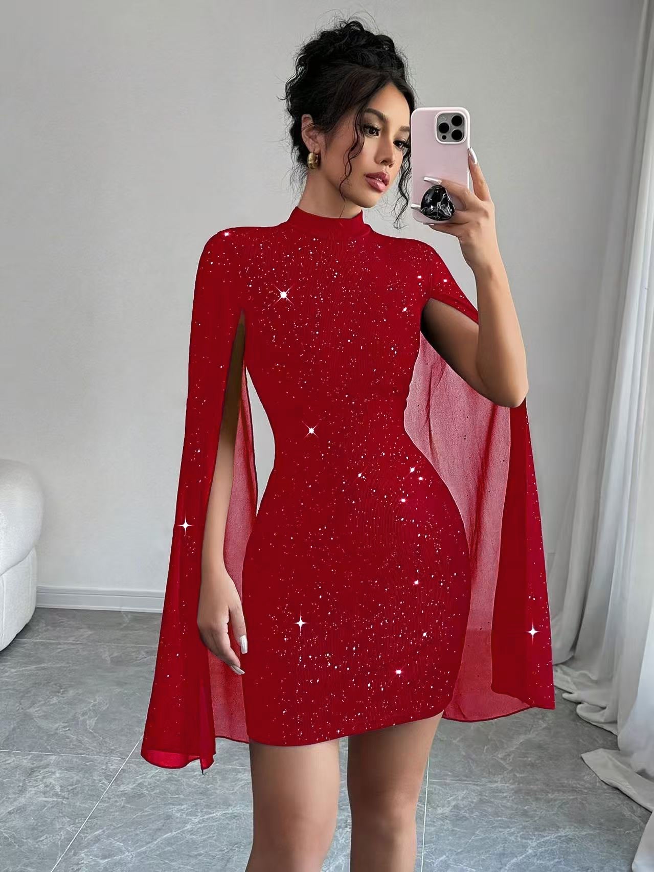 Shiny Bodycon Dress - Lantern Sleeves High Collar