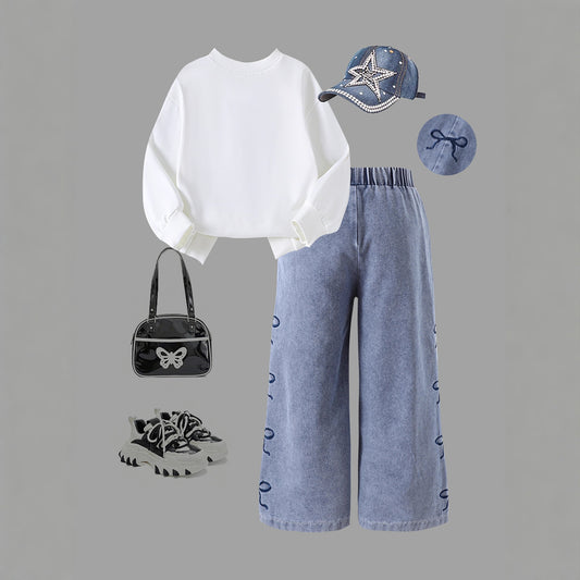 Girls 2-Piece Cotton Bow Sleeve Outfit | Denim Pants Set - gallify.store