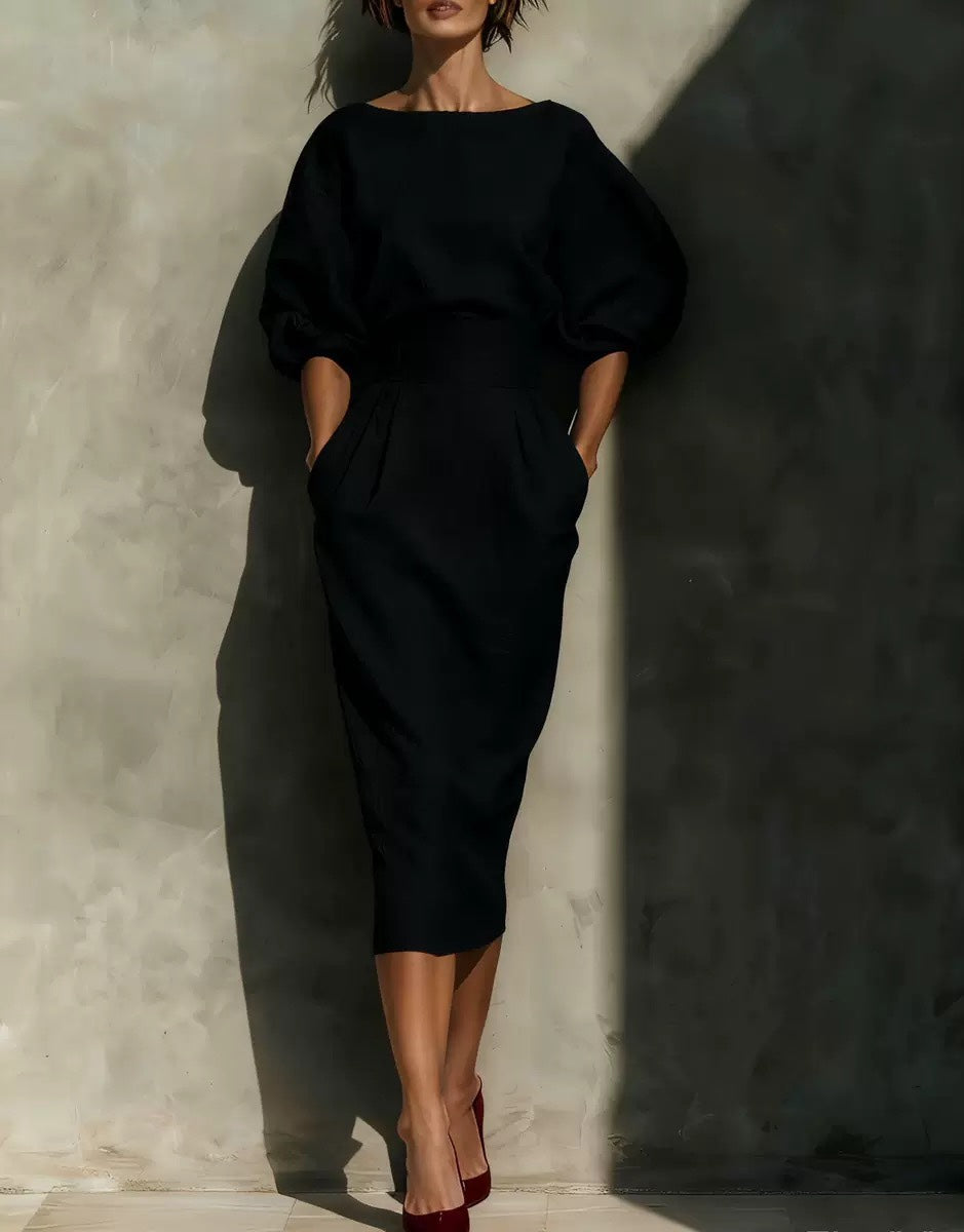 Women's Boat Neck Puff Sleeve Dress | High Waist A-Line