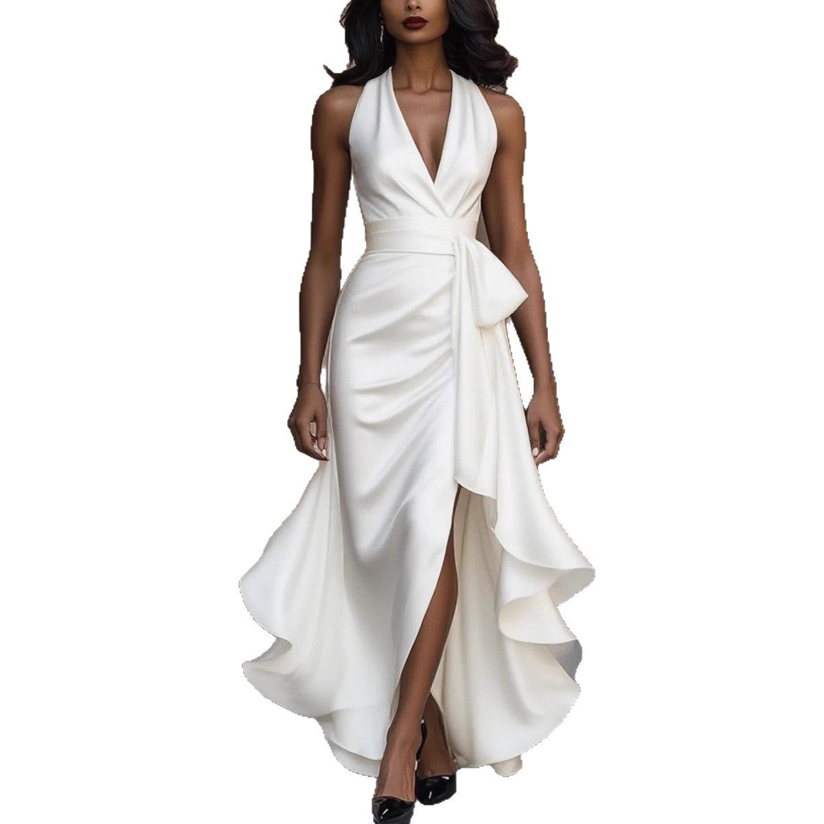 Women's Ruffled Satin Halter Dress – V-Neck Lace-Up Long Gown