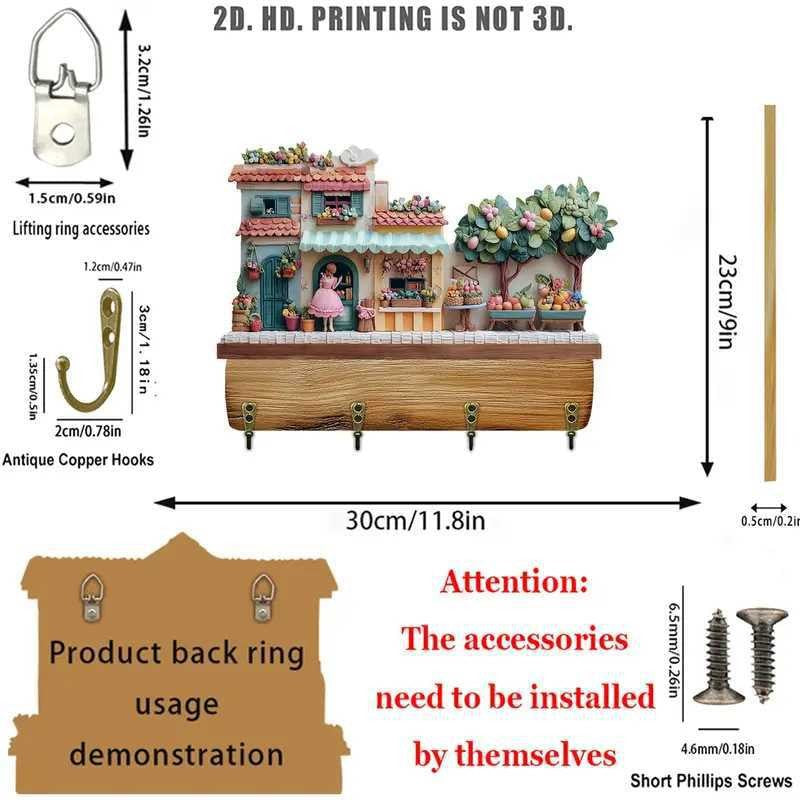 Decorative wall hook with miniature house design and measurements, including hooks and screws.