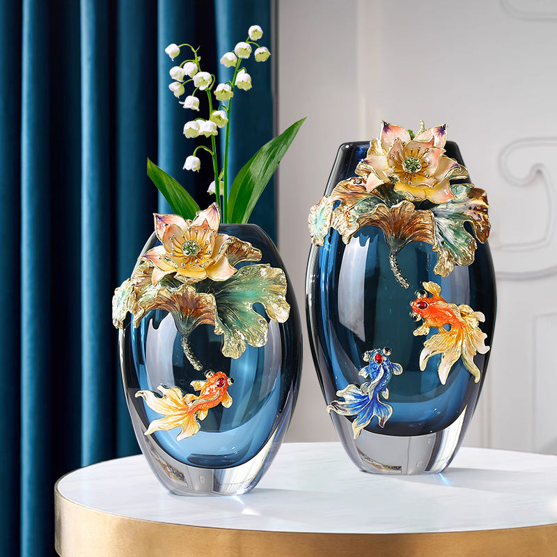Handcrafted Glass Vase | Fish & Lotus Leaf Design - gallify.store