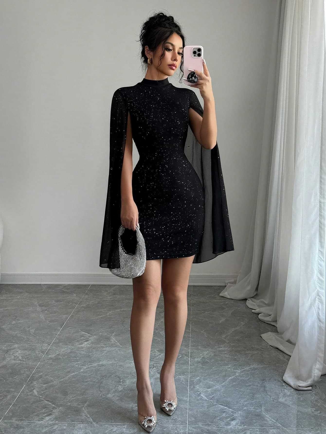 Shiny Bodycon Dress - Lantern Sleeves High Collar
