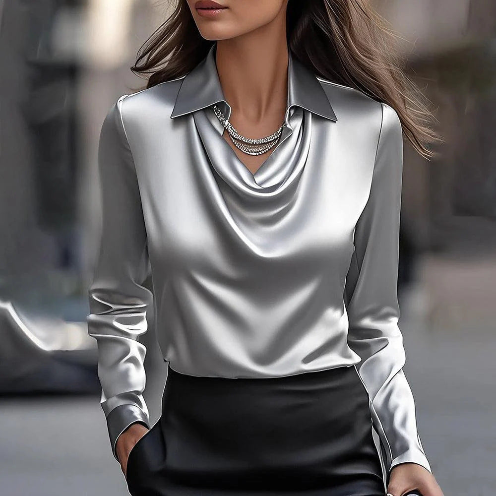 Women's Long Sleeve Satin Blouse | Swing Collar