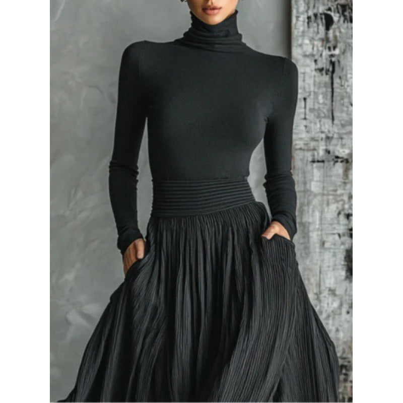 Women's French Retro Slim Midi Dress – Pleated Long Sleeve Elegant Style