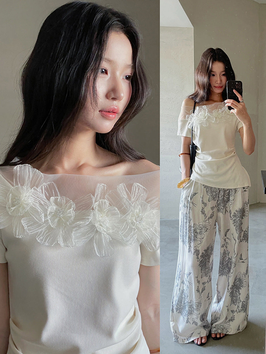 Floral Lace Trim One-Shoulder T-Shirt | Women's Summer Top