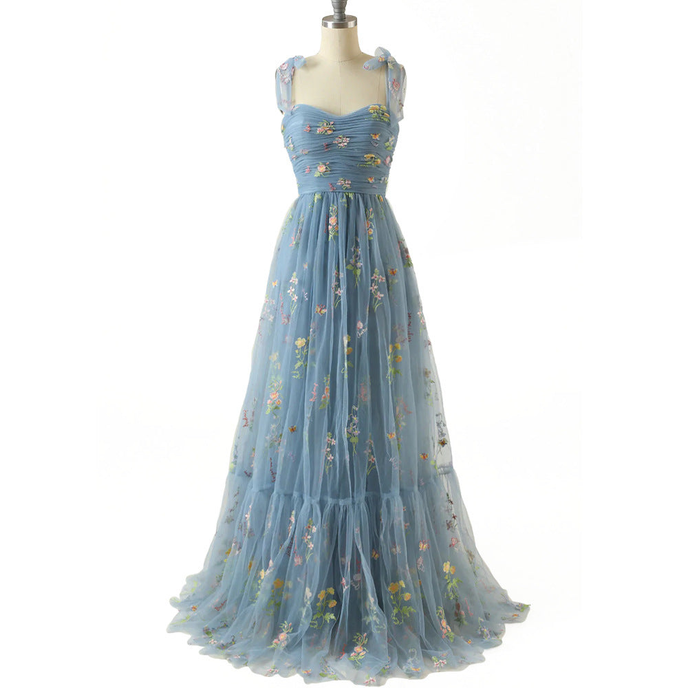 Floral Strappy Evening Dress with Small Tail