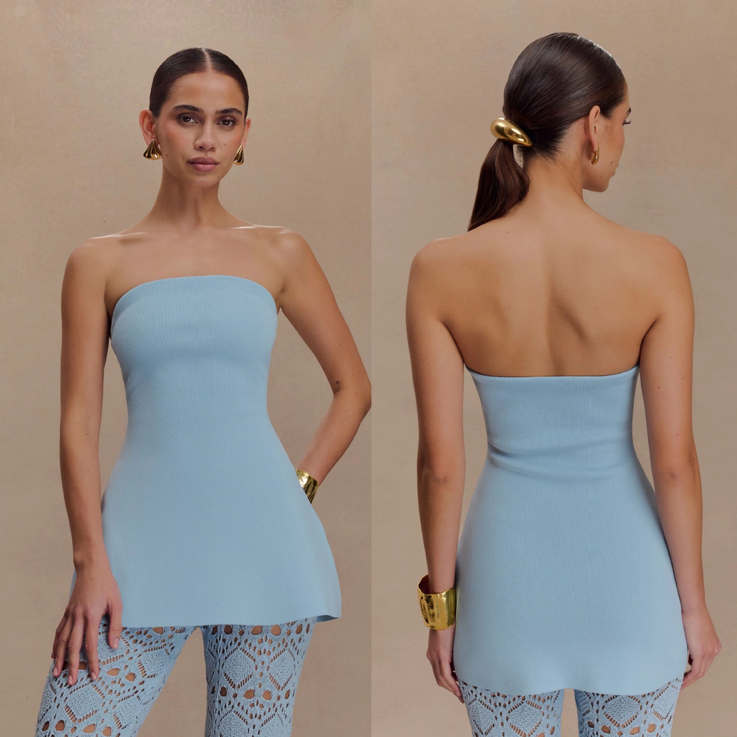 Ribbed Wrap Mini Dress | High Waist, Open Back, Light Blue