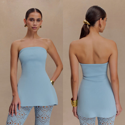 Ribbed Wrap Mini Dress | High Waist, Open Back, Light Blue