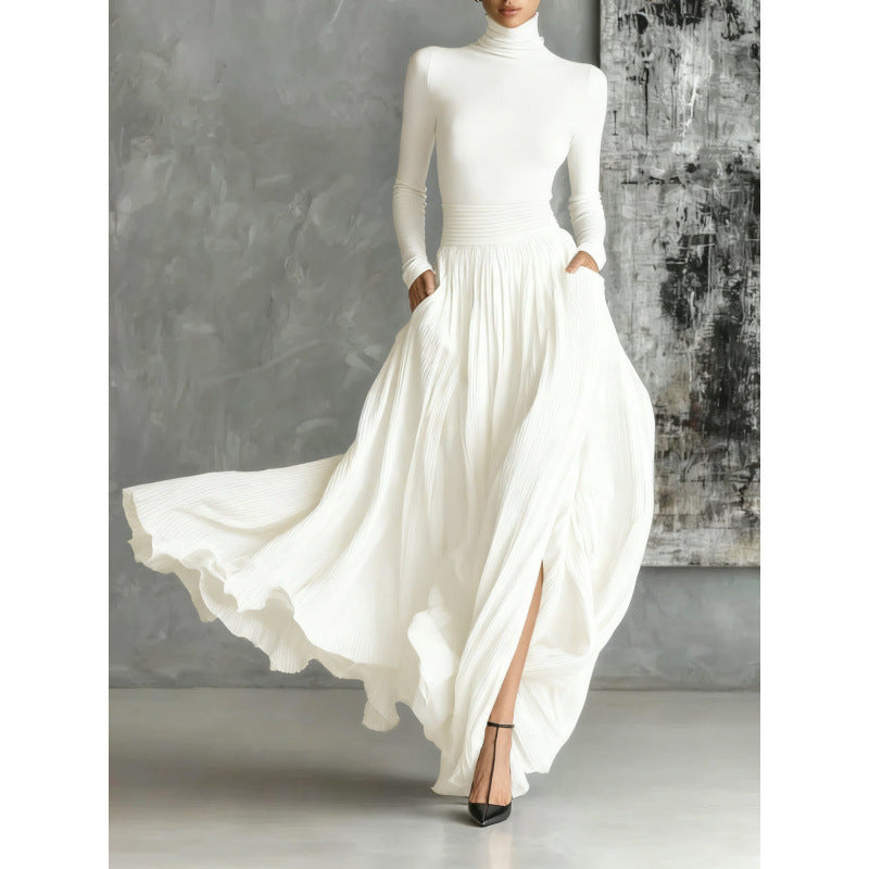 Women's French Retro Slim Midi Dress – Pleated Long Sleeve Elegant Style
