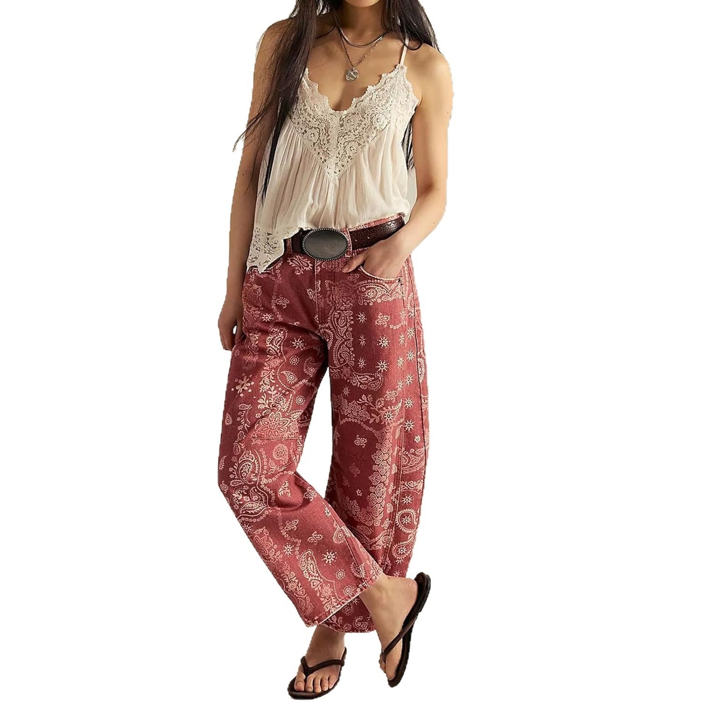 Floral Print Denim Wide Leg Trousers | High Waist