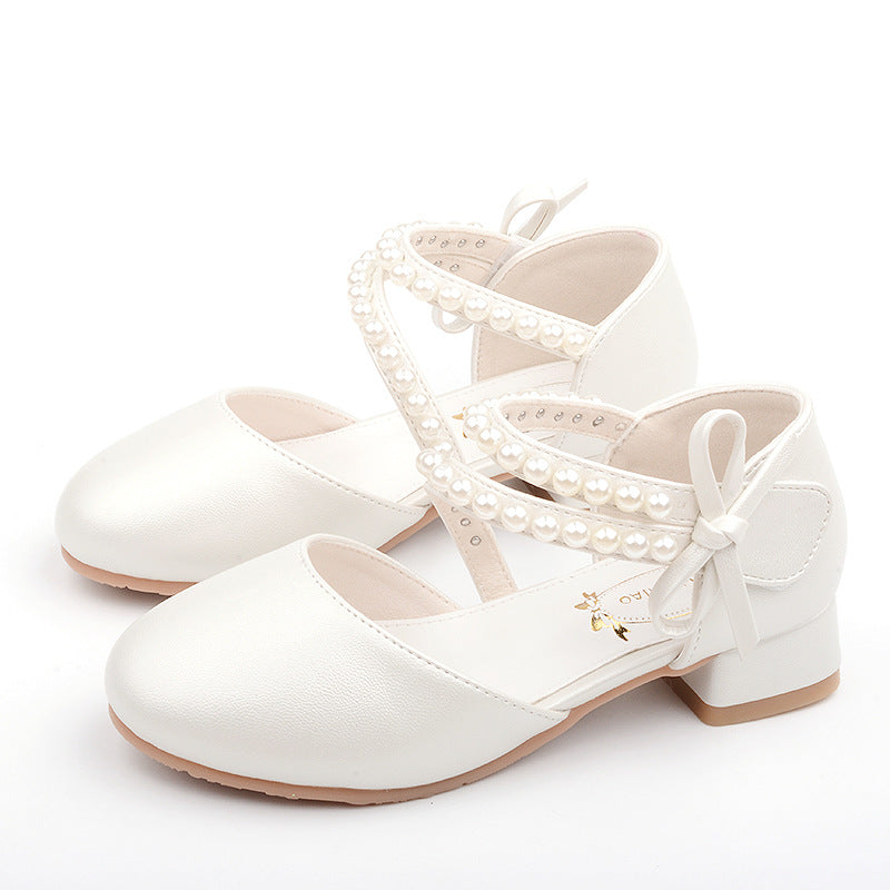 Girls Pearl Dress Shoes – Velcro Microfiber Princess Flats