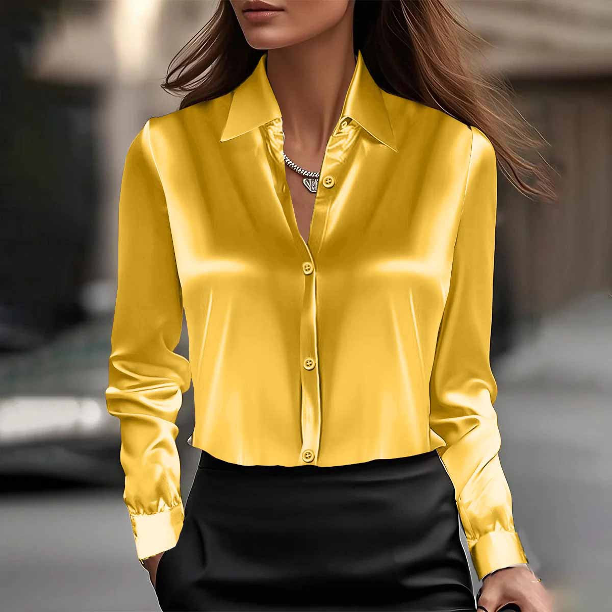 Women's Long Sleeve Satin Blouse | Swing Collar