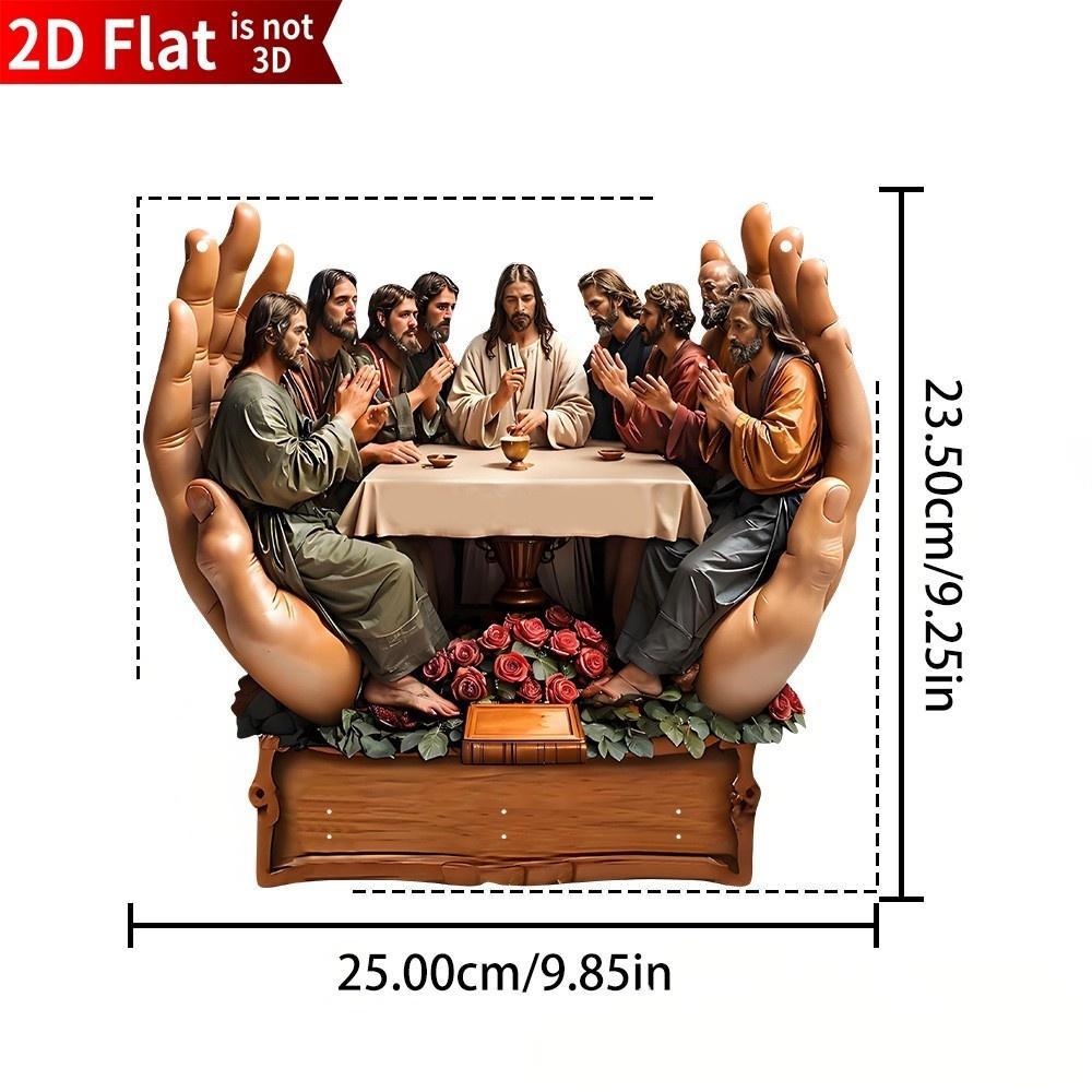 Illustration of a religious scene with hands holding it, showing dimensions on a white background.