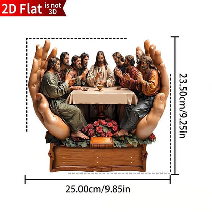 Illustration of a religious scene with hands holding it, showing dimensions on a white background.