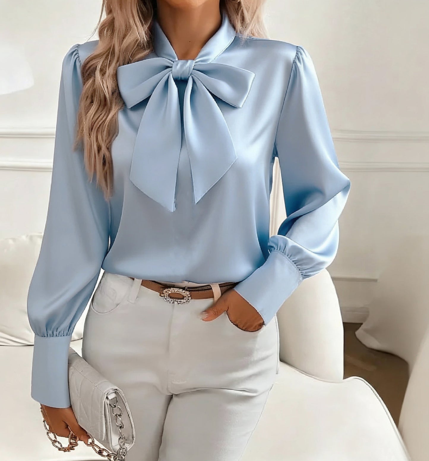 Women's Satin Bow Blouse | Long Sleeve | 8 Colours