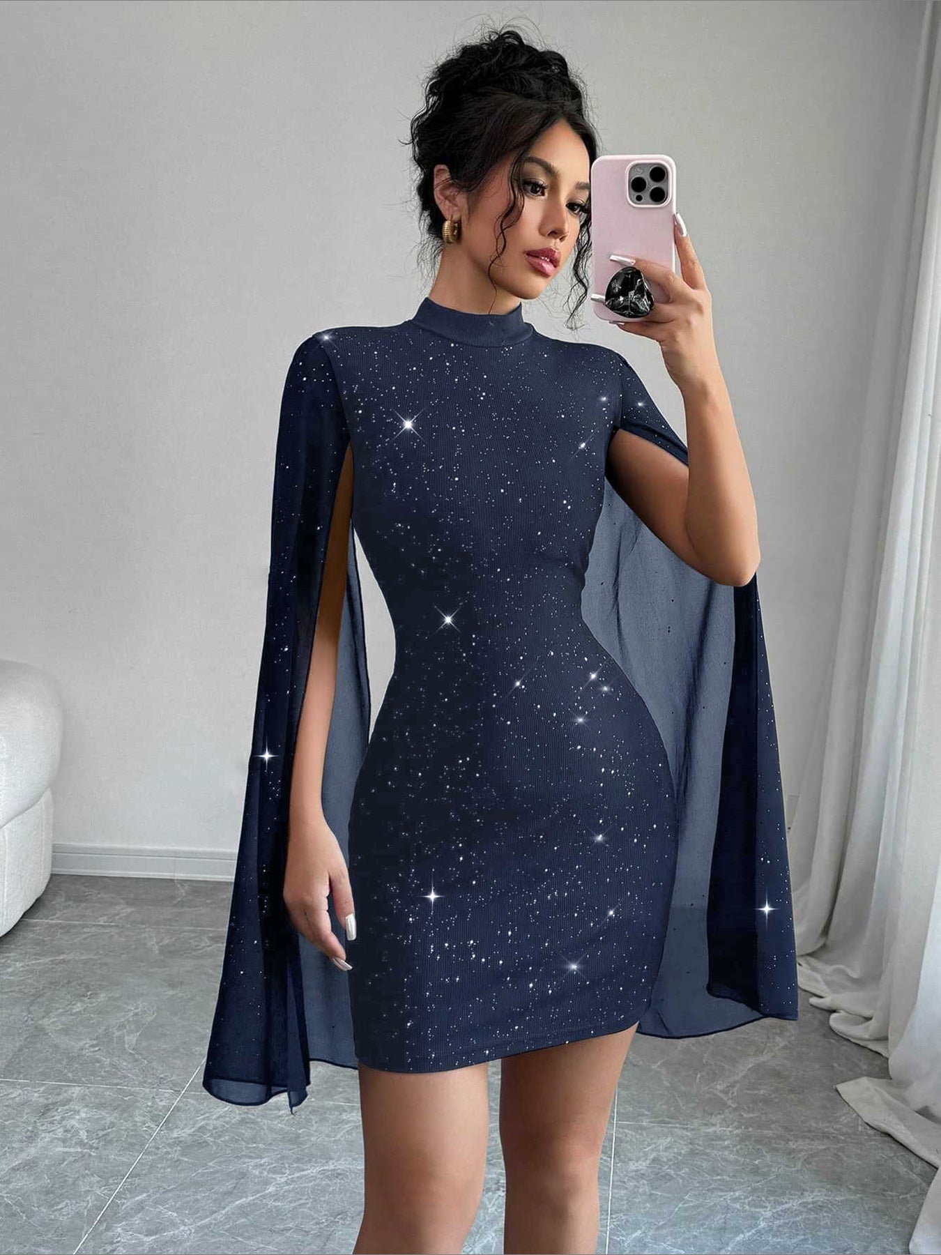 Shiny Bodycon Dress - Lantern Sleeves High Collar
