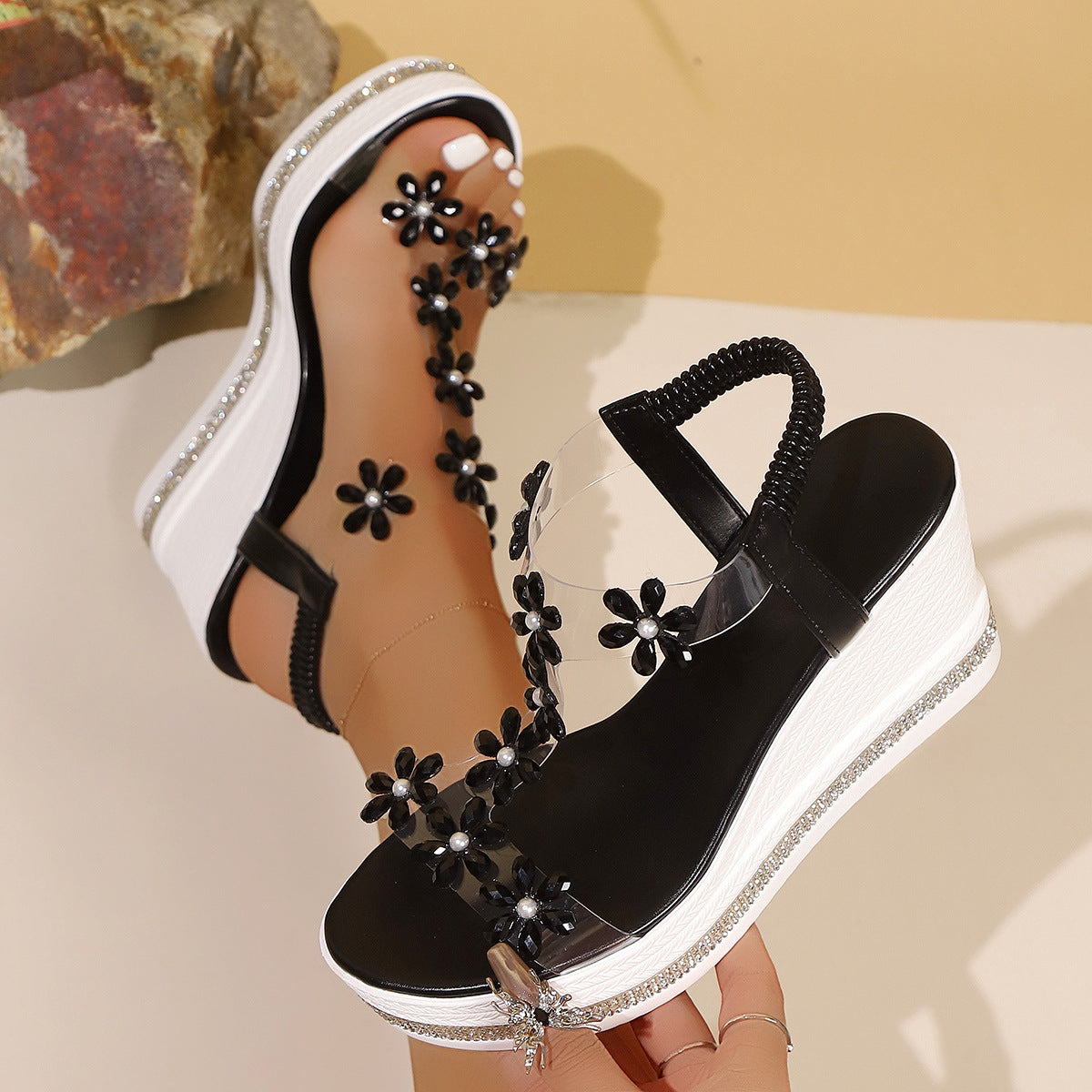 Women's Wedge Heel Rhinestone Sandals – Flower & Butterfly Platform
