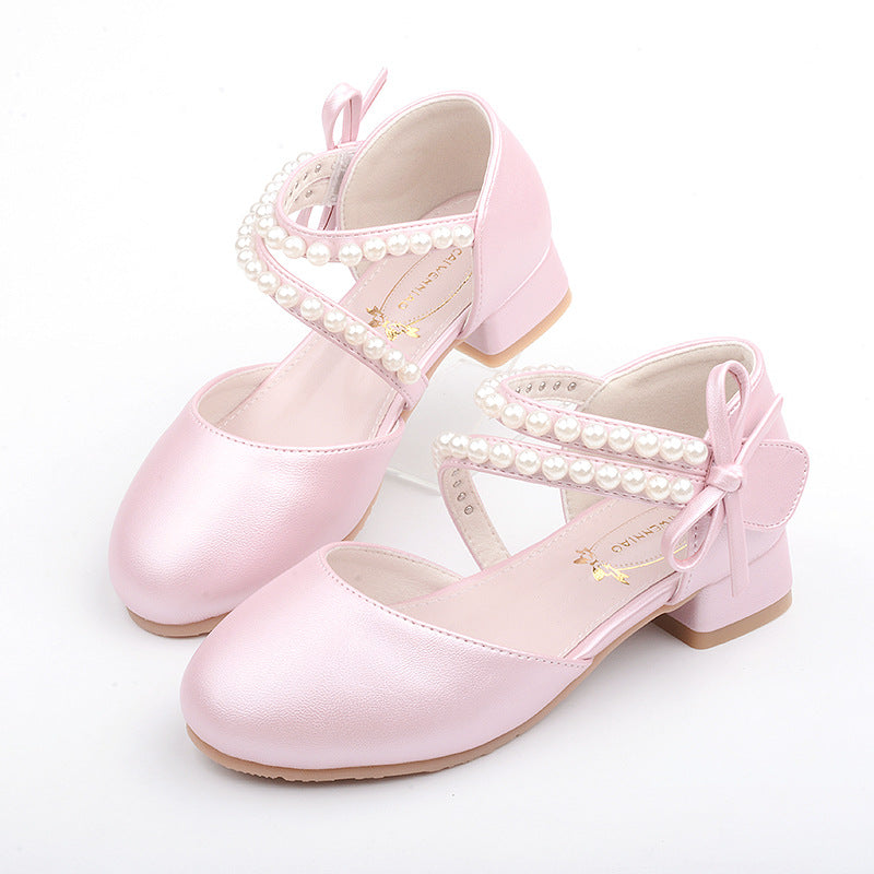 Girls Pearl Dress Shoes – Velcro Microfiber Princess Flats