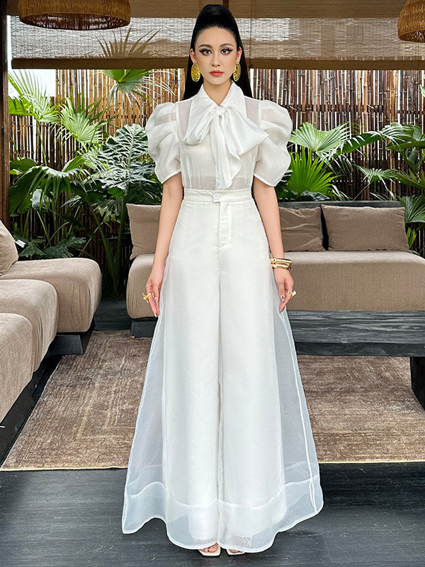 Women's Two-Piece Set - High-Waisted Wide Leg Pants & Button Top - gallify.store