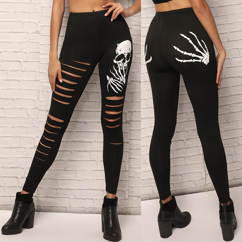 Women's Skull Pattern Ripped Leggings | Slim Fit