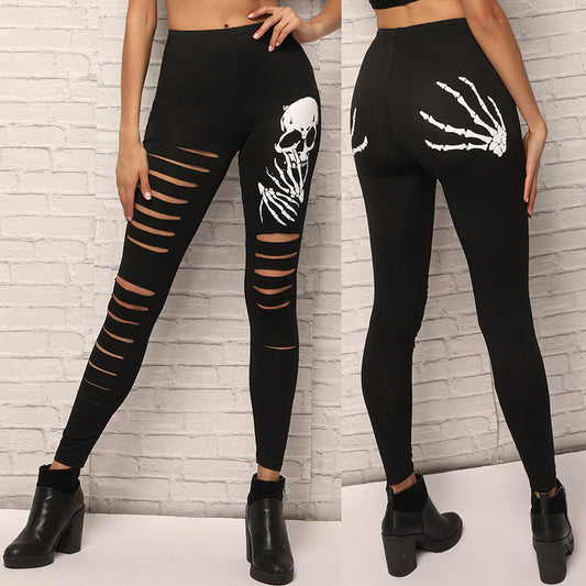 Women's Skull Pattern Ripped Leggings | Slim Fit